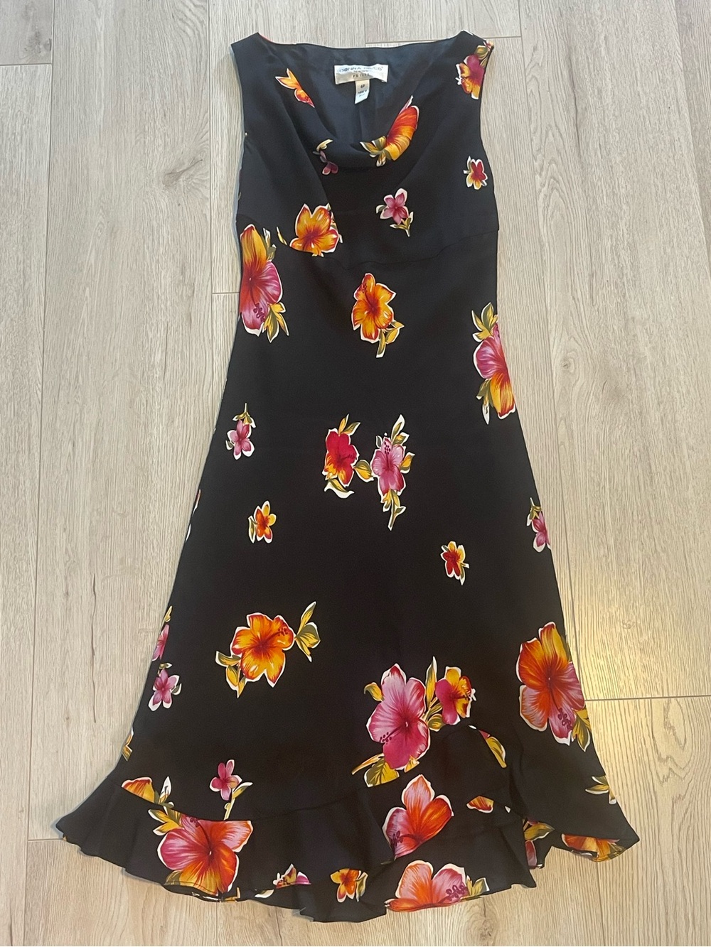 Vintage Donna Ricco Petites 100% Silk Floral Midi Cowl Dress - Black & Hibiscus